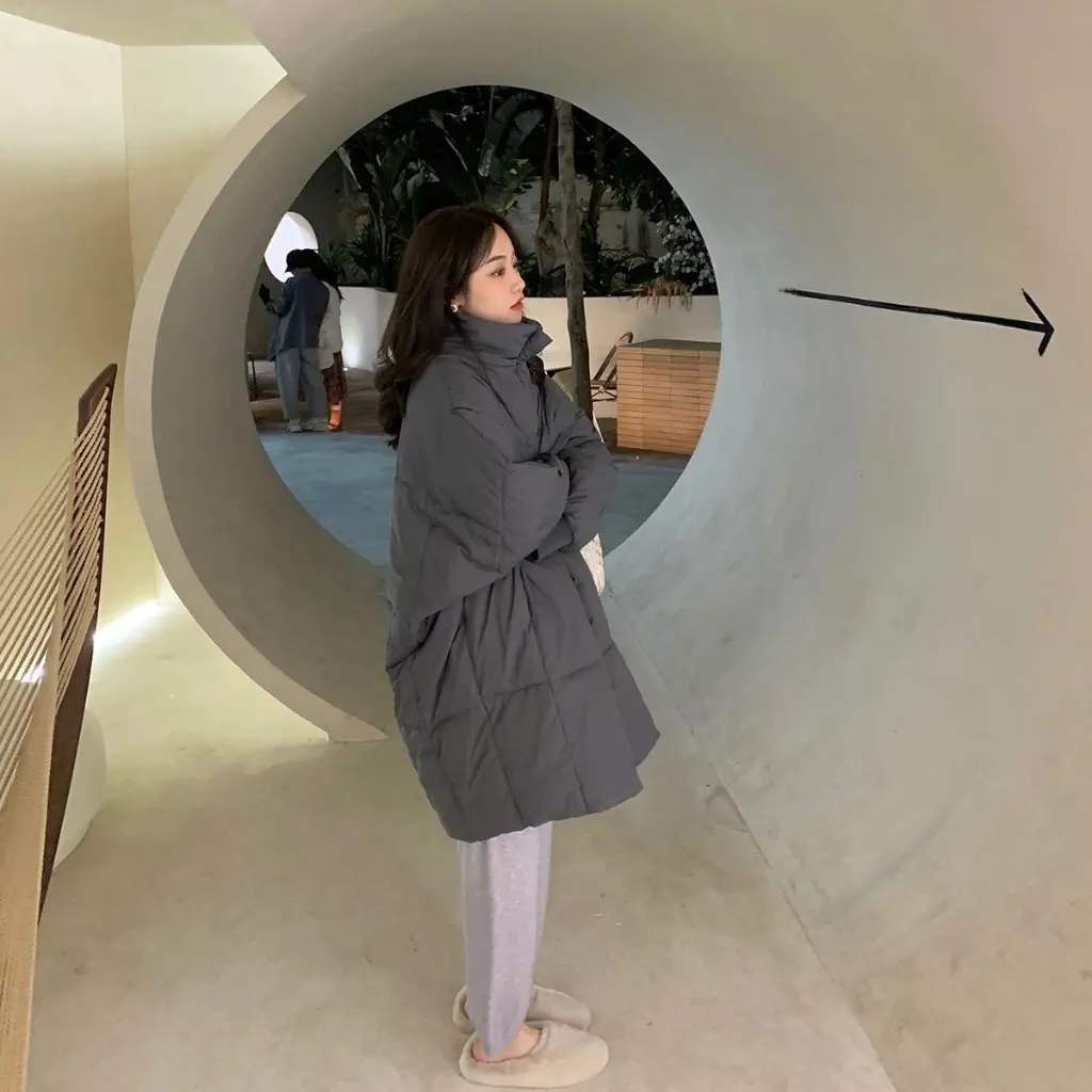 المرأة الشتاء أسفل معطف مبطّن بالقطن حجم كبير ميدي فضفاض الكورية نمط سميكة الرجعية بسيطة العصرية الإفراط في الركبة معطف #3