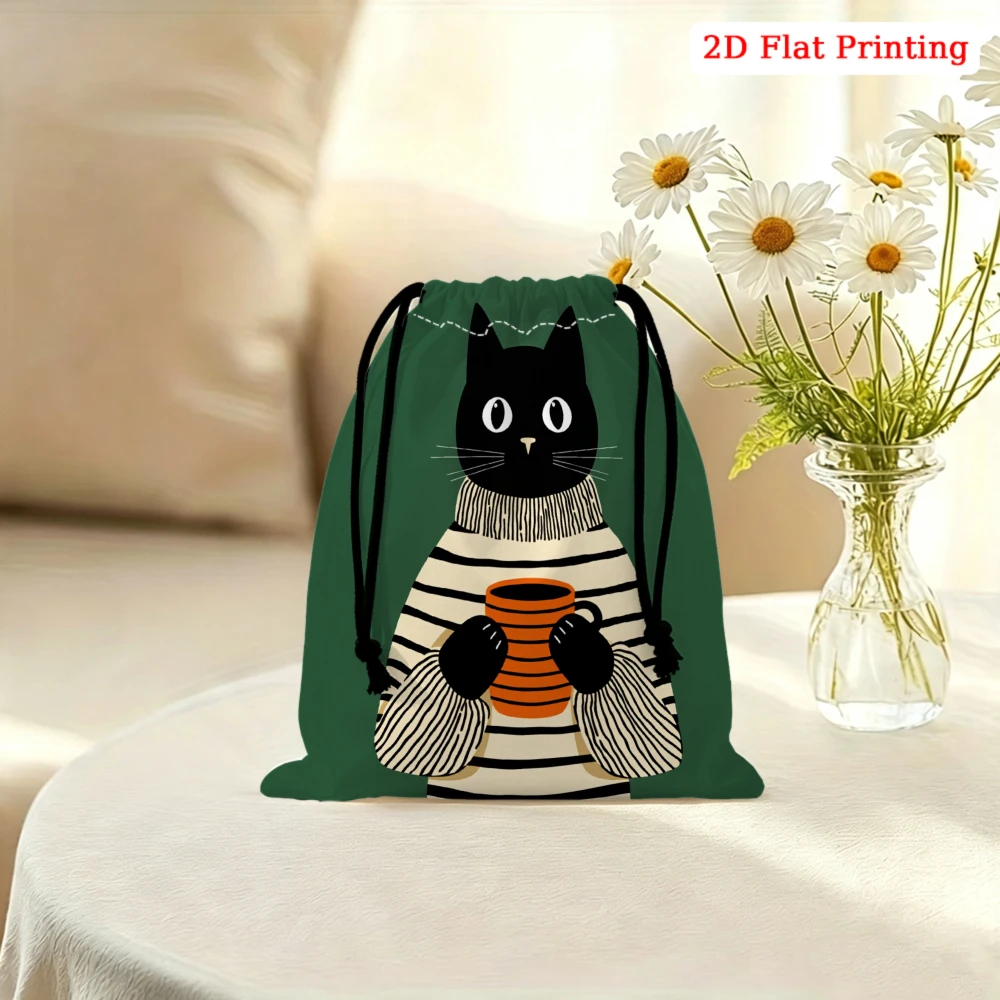 1pc Cartoon Cat Pattern Drawstring Bag Green Storage Small Pouch For Glasses Cosmetics Travel Organizer Portable Gift For Women