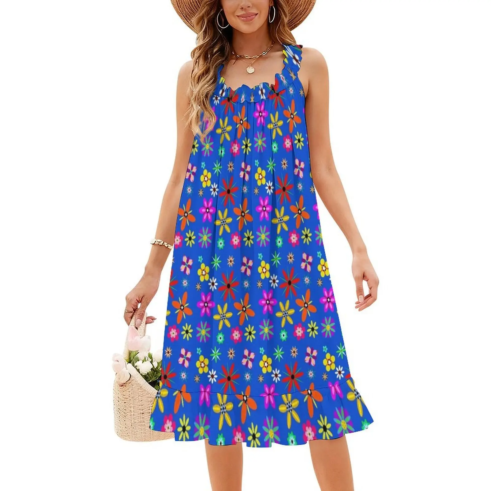 فستان بوهيمي بدون أكمام بنمط زهرة هندسية للنساء مطبوع عليه فساتين حفلات الشاطئ والزهور الرجعية امرأة هندسية ملونة #4