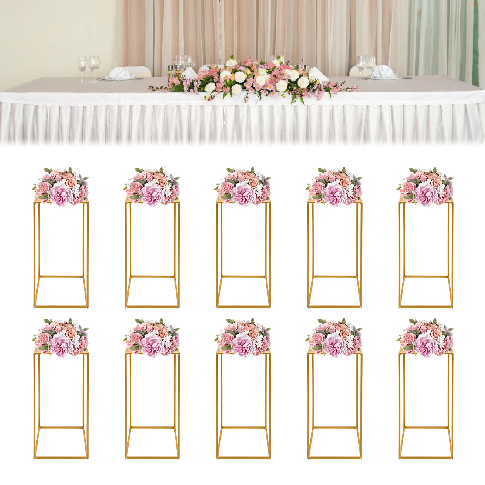10-teiliges goldenes Hochzeits-Blumenständer-Set, 44 Pfund LC geometrischer rechteckiger Metallhalter für Hochzeiten, Partys, Heim- und Gewerbedekoration