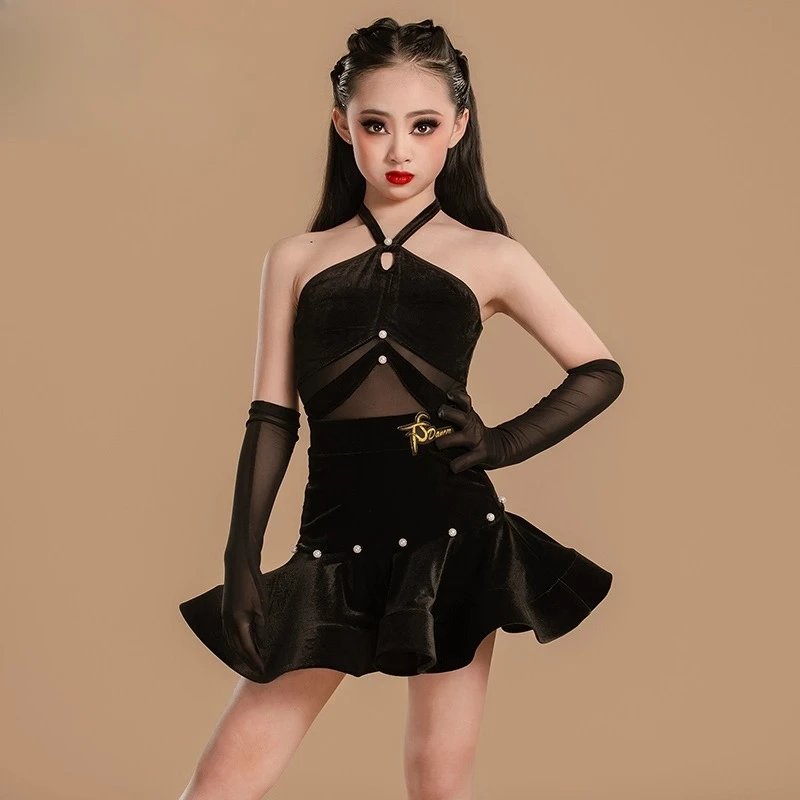 

Girl Cha-cha dance New Latin dance set children's skirt black sleeveless top dance costume practice and performance costume