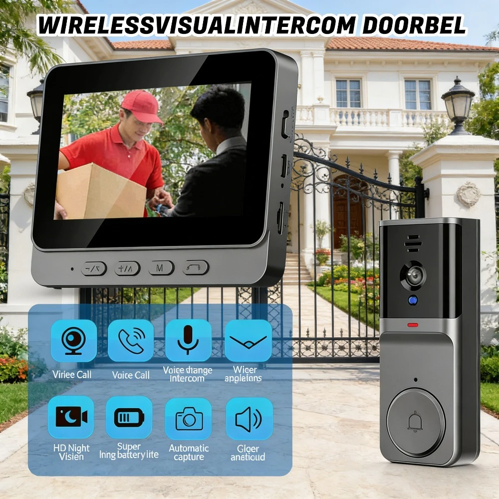 Kabellose Video-Türklingel mit 4,3 Zoll IPS-Monitor Ohne WLAN 2,4G Smarte Türklingel Zwei-Wege-Audio IR-Nachtsicht Sicherheits-Türklingel