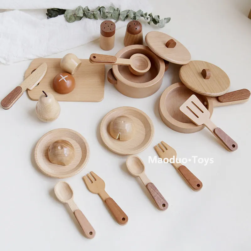 Maoduo Toys Beech Wooden Kids Kitchen Playset Cooking Utensils Pots Pretend Play Food Cutting Set Premium Gift For Kids Toddlers view 5