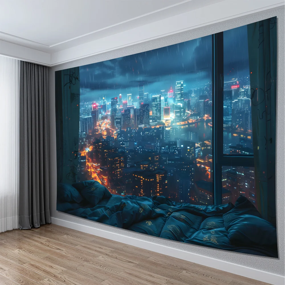 Rainy City Night View Tapestry Modern Wall Hanging Art for Living Room and Bedroom Decor Home Decoration Gift