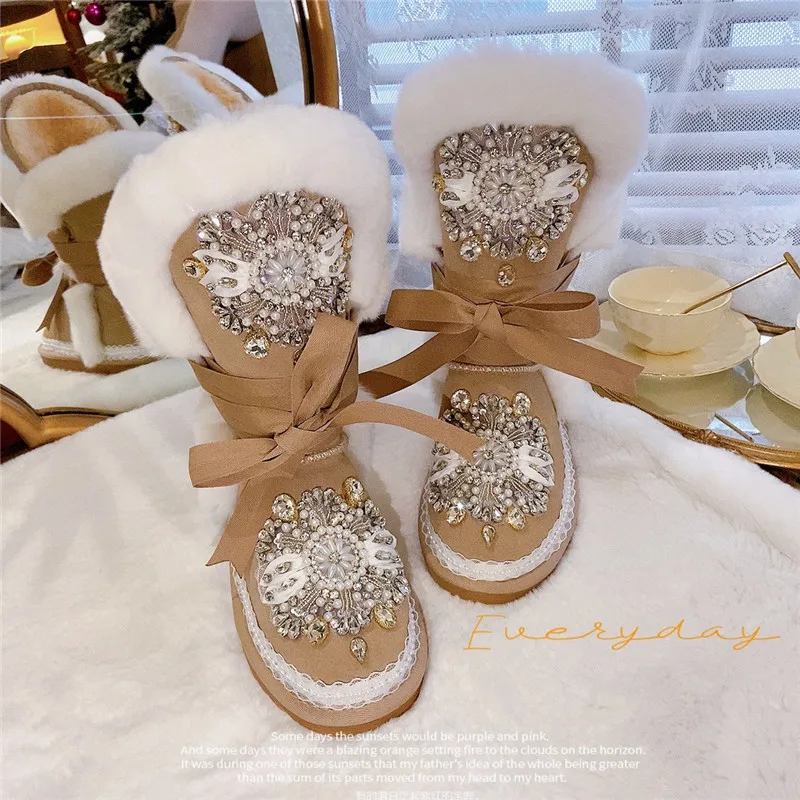 High tube fur integrated thickened snow shoes, rhinestone anti-skid cotton shoes