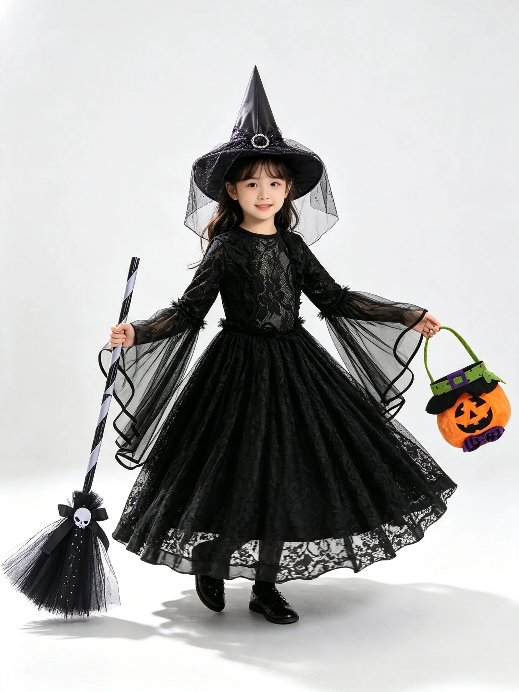 Kids Role Play Dress Girls Gothic Long Lace Tulle Dress Bell Sleeve Halloween Cosplay Costume for Party Fancy Dress Up