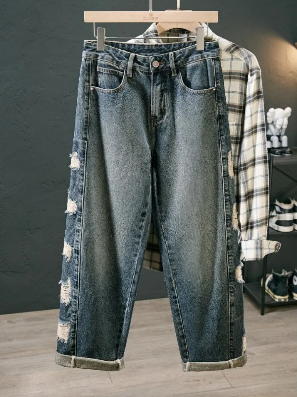 

Мужские джинсы в стиле ретро, свободного прямого кроя, с эффектом потертости, новинка осени, американский уличный стиль, с дырками, средняя посадка, на пуговицах