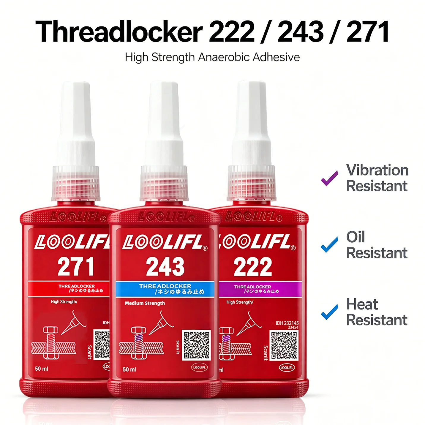 Threadlocker 222 243 271 Screw Lock Glue Vibration Oil Heat Resistant Metal Thread Sealant Anti-loose Bolt Fixing Compound 50ml