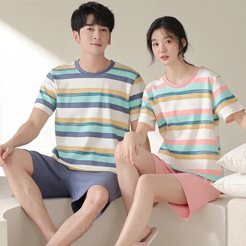 

High Quality Summer Couple Pajama Set Men and Women Modal Casual Short Sleeve Pyjamas Striped Pijama
