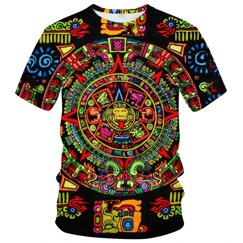 Retro Aztec Totem T-Shirt from Mexico for Men, Short Sleeve Summer T-Shirts with 3D Print, Mayan Culture Themed Shirts, Men's Cl