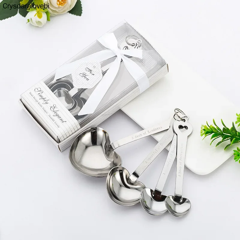 10 sets/lot Love Wedding favors of Simply Elegant Heart Shaped Stainless Steel measuring spoon in White Gift Box