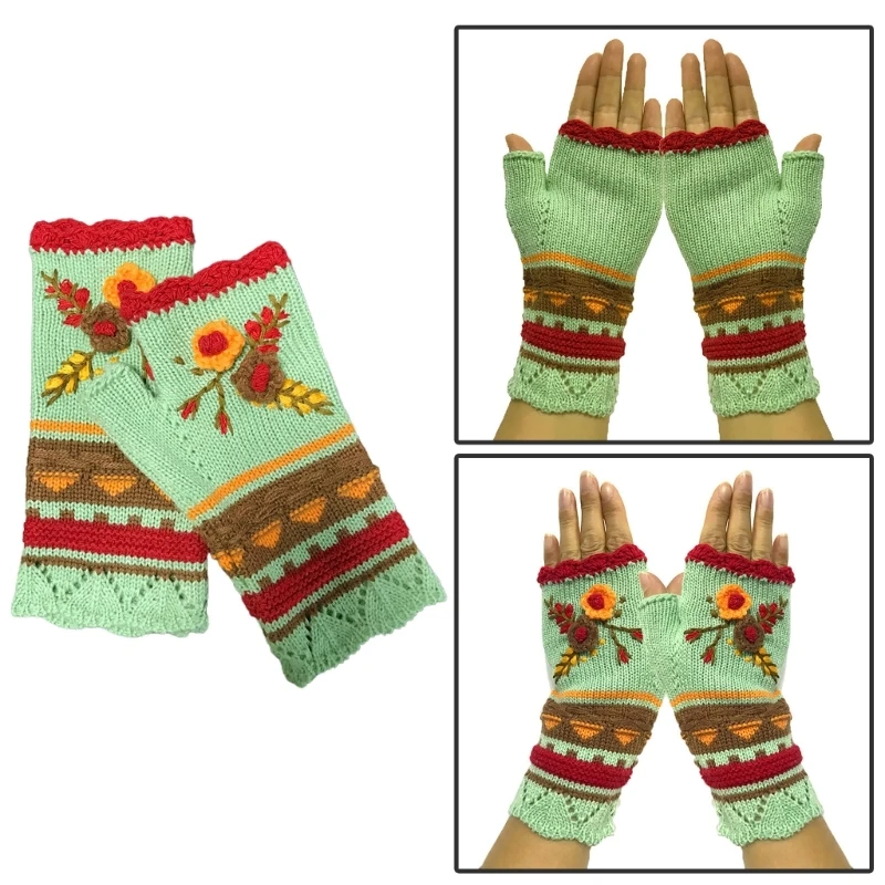 Fashionable Fingerless Winter Gloves for Women Knitted Wrist Warmers with Floral Embroidery KXRE