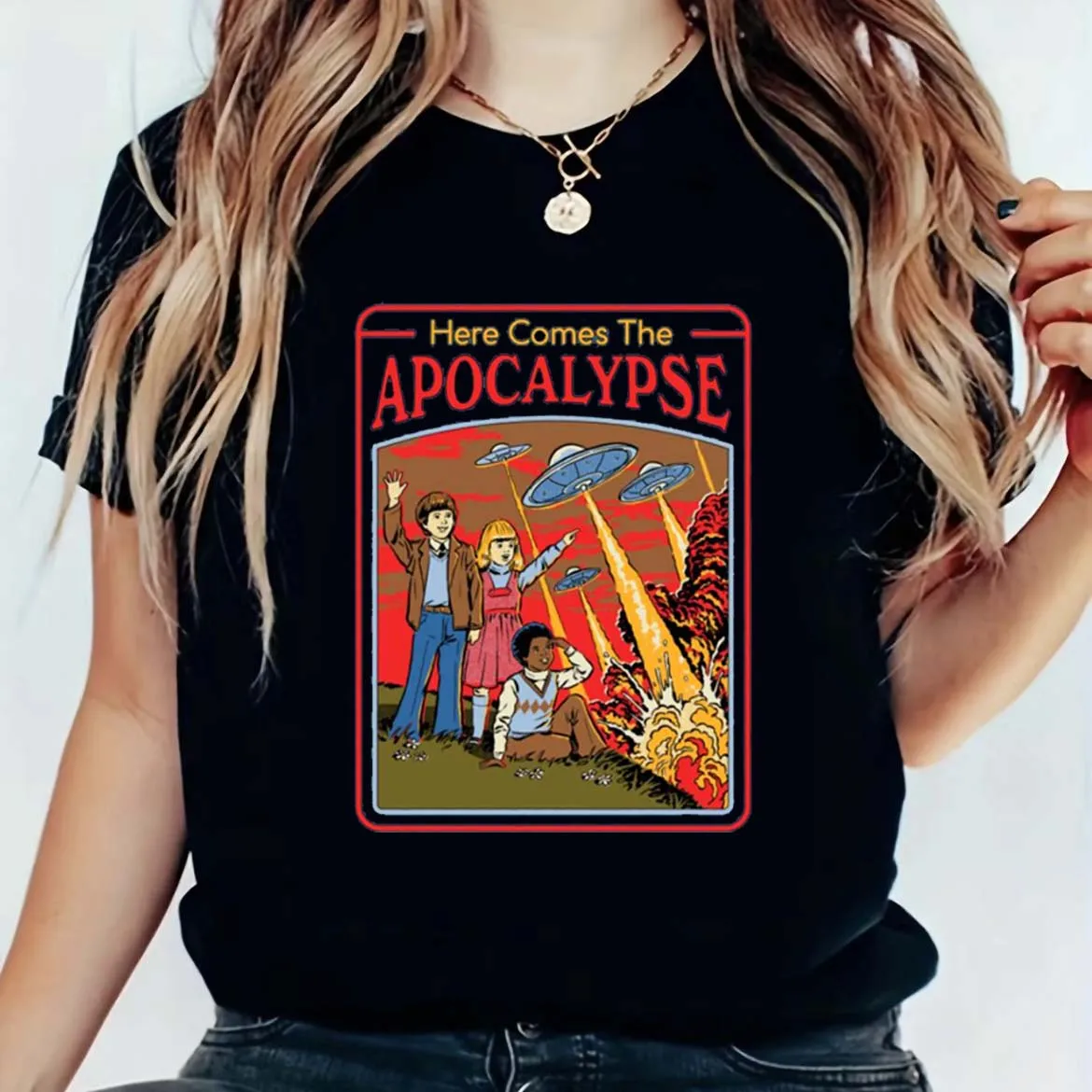 

Here Comes The Apocalypse Satan Vintage Cartoon Funny Women's T-Shirt Horror Graphic Soft Summer Short Sleeve Halloween Style R