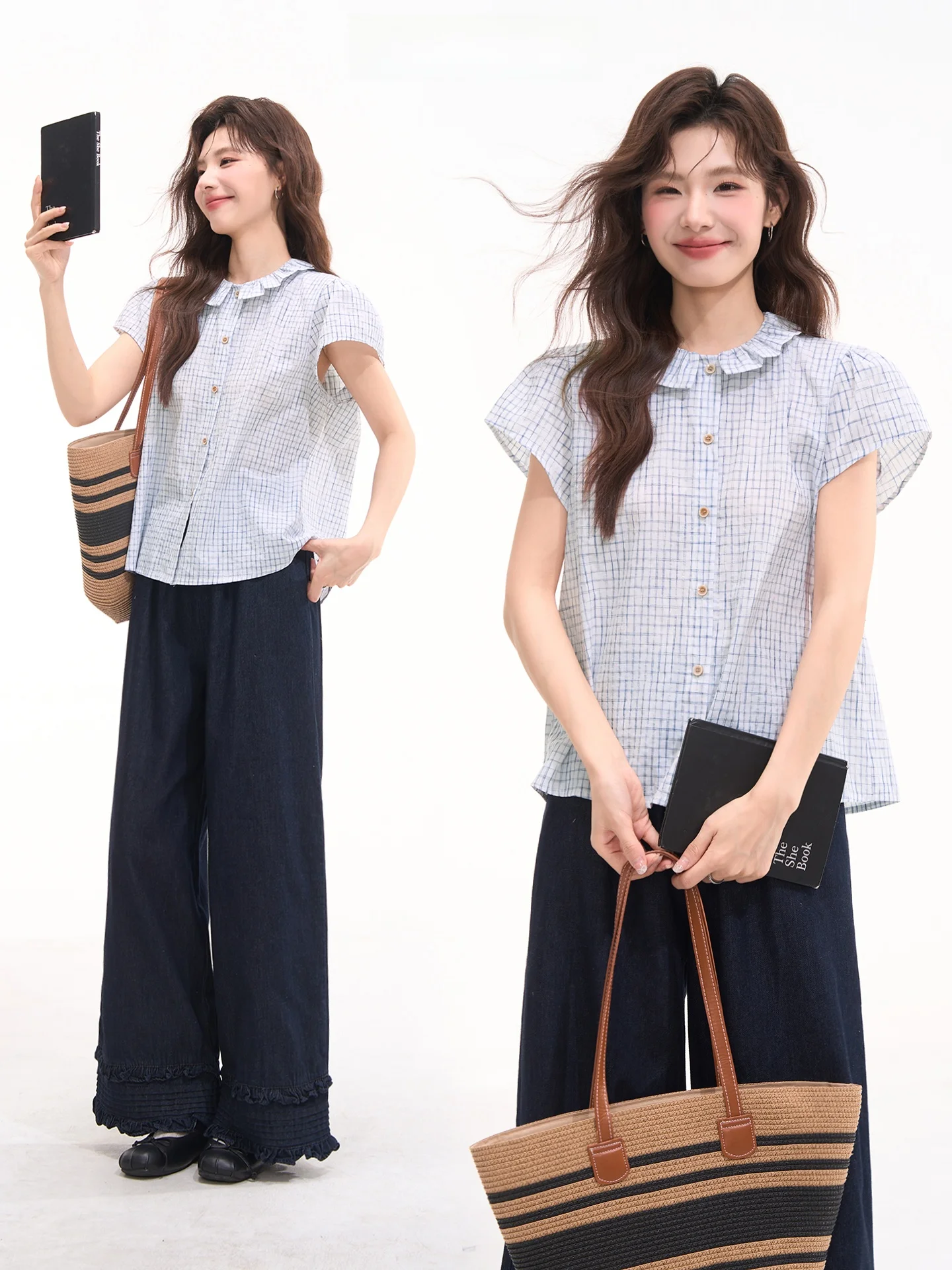 

Heme Summer Shirt Short Sleeve Cotton Plaid Girl Style Age Reduction Window Display Floral Print Button up Women's Top