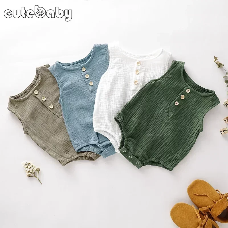 New Baby Boys Girls Rompers Summer Infant Muslin Sleeveless Jumpsuits Newborn Rompers Solid Cotton Baby Clothing 0-2 Years old