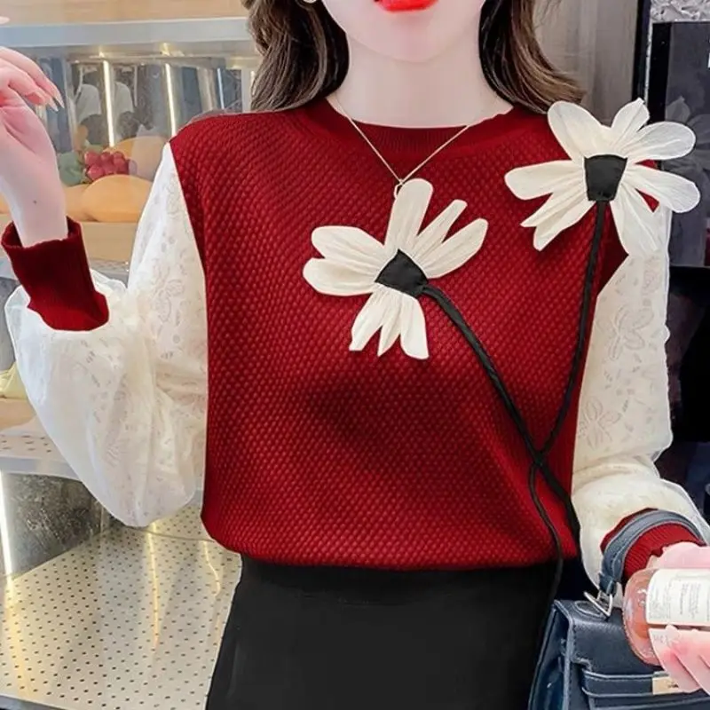 Spring Autumn Round Neck Gauze Women\'s Pullover Striped Lantern Long Sleeve Tie Flowers Sweater Knitted Casual Commute Tops