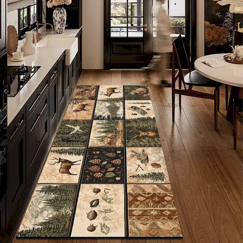 Home Bathroom Floor Tiles - VIKAMA レトロファームハウスキッチンカーペット 滑り止め フォレストディアアニマルタイルフロアマット キッチン廊下玄関 ホームデコレーション