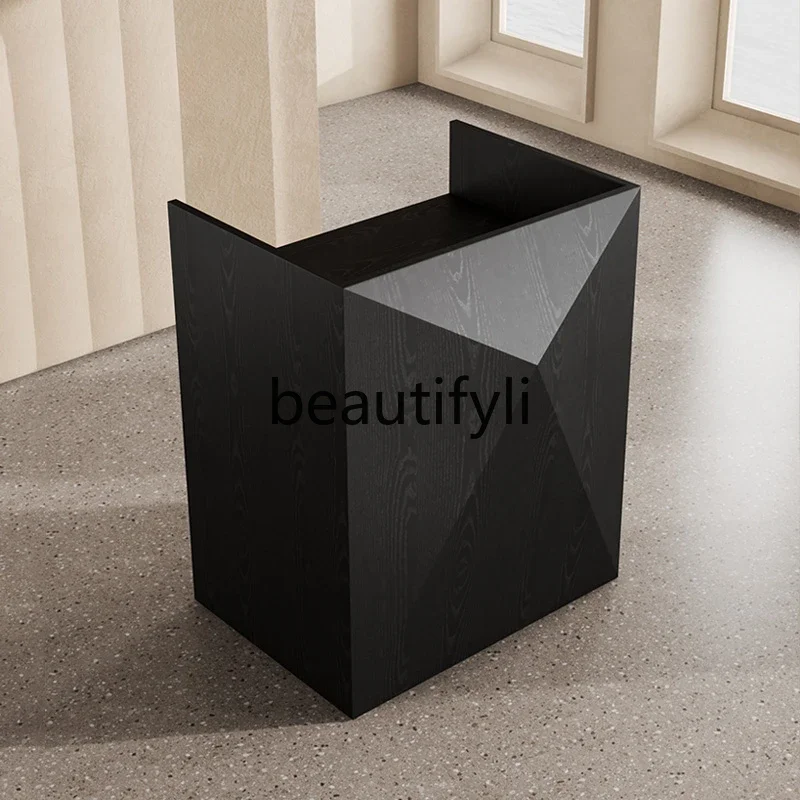 

Welcome information desk at the entrance of the store Black wood grain light luxury front desk Reception desk Office