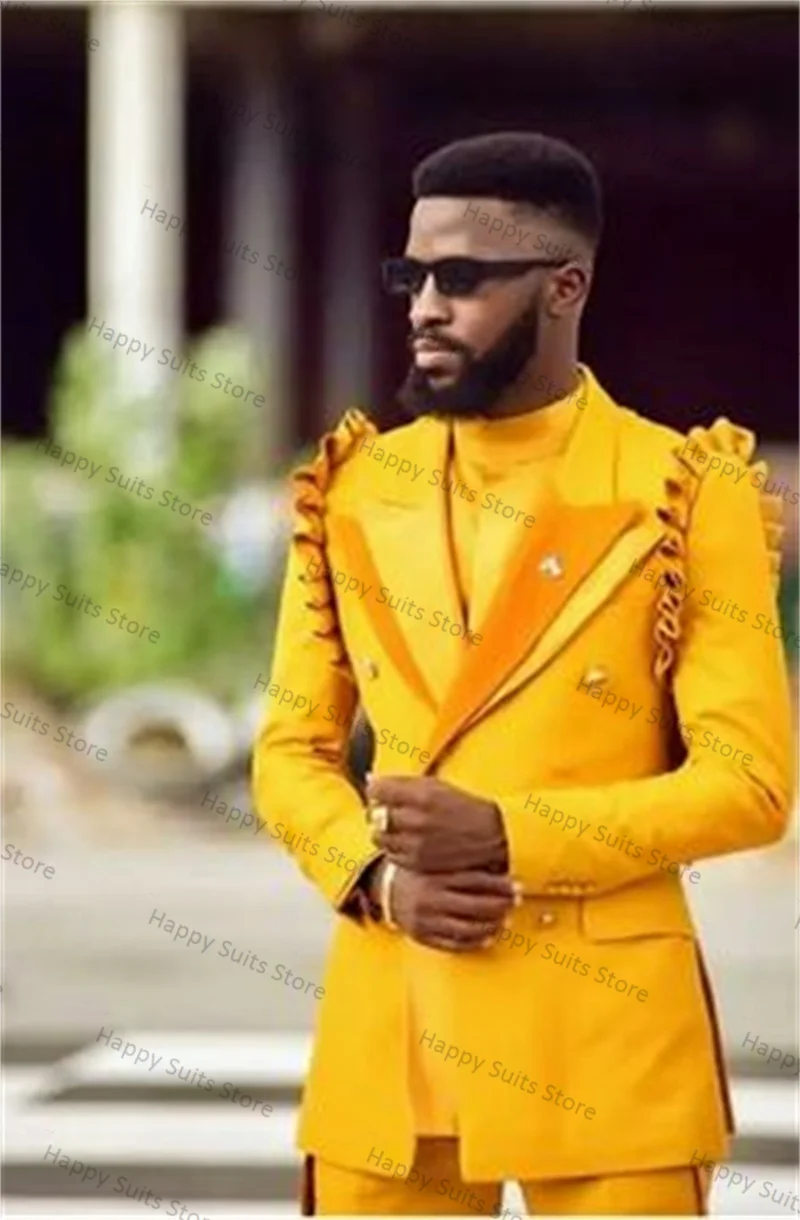 Blazer et pantalon en coton jaune imbibé pour hommes, veste de bureau formelle, manteau à double boutonnage, smoking de marié de mariage, FJJ personnalisé, 2 pièces