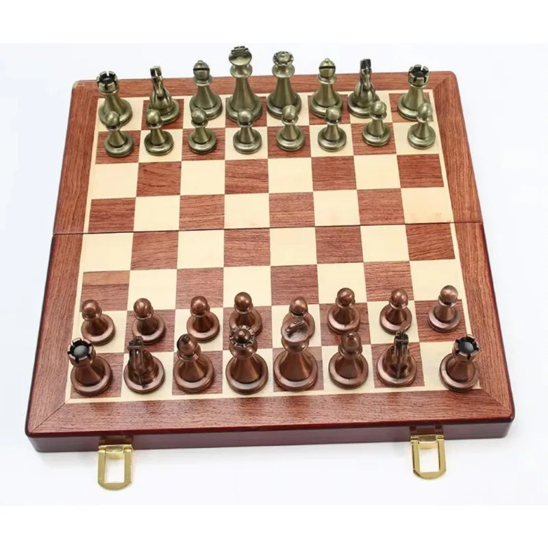 

Professional Large Size 39*39cm Folding Metal Chess Set International Game with Bronze Zinc Alloy Chess Pieces