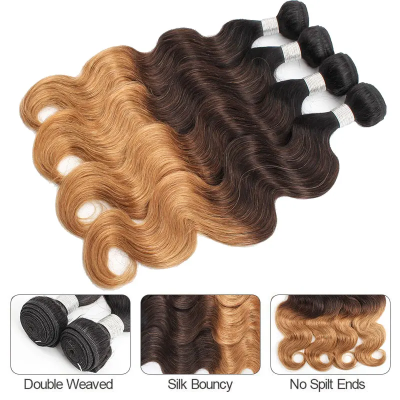 Brazilian Body Wave Hair Weave Bundles 1b/4/27 Blonde Ombre Colored 100% Human Hair Extension Wavy Remy Hair Weaving Soft Full