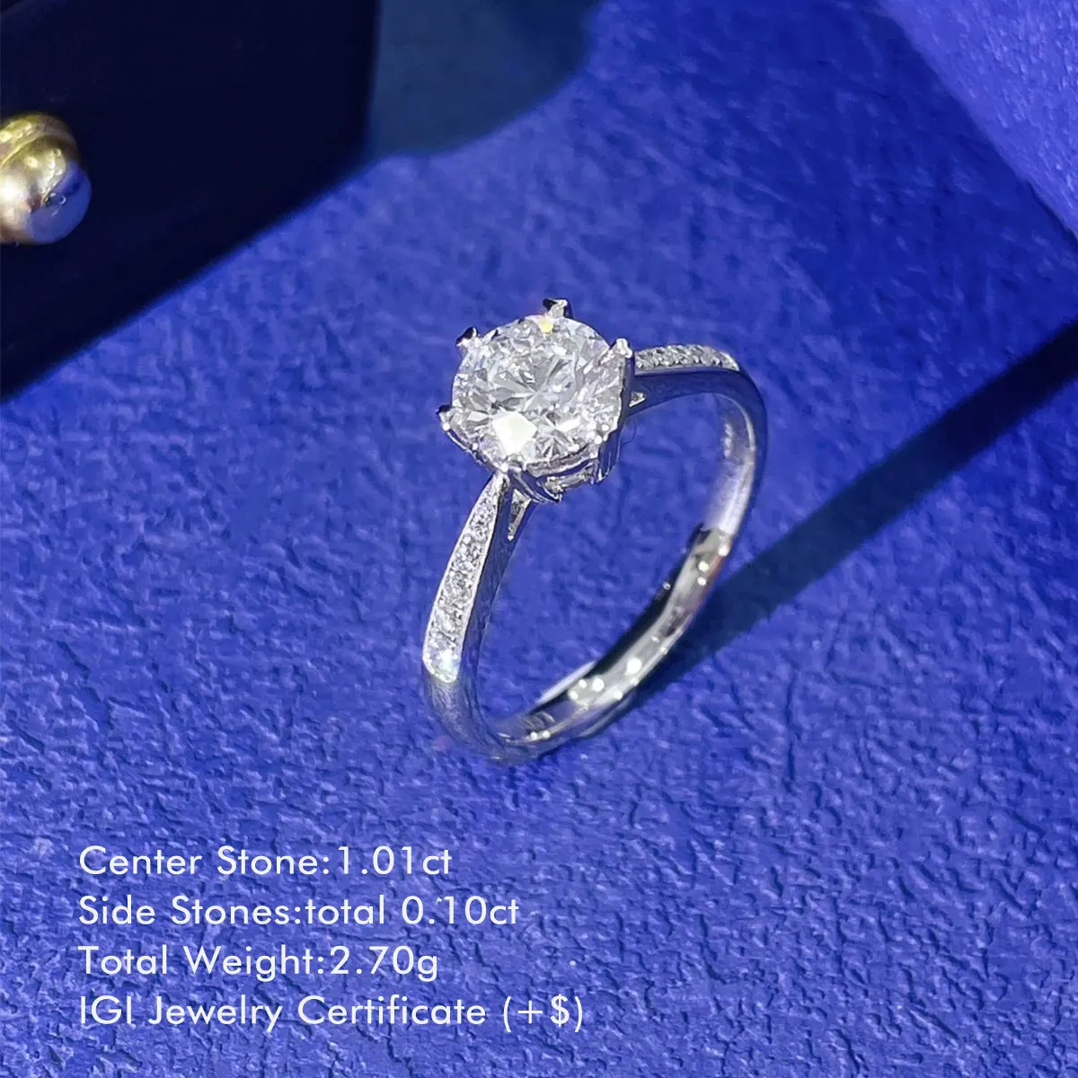 Total 1.11ct Brilliant Round Cut Diamond Ring 18K White Gold Lab Grown Diamond Ring Tapered Shank Sidestone Ring For Engagement