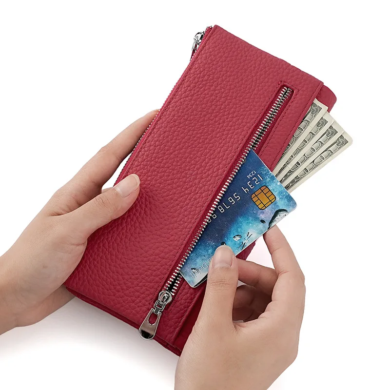 Western RFID Blocking Cowhide Leather Long Women Wallet  Large Capacity Card Holder Coin Purse for Ladies
