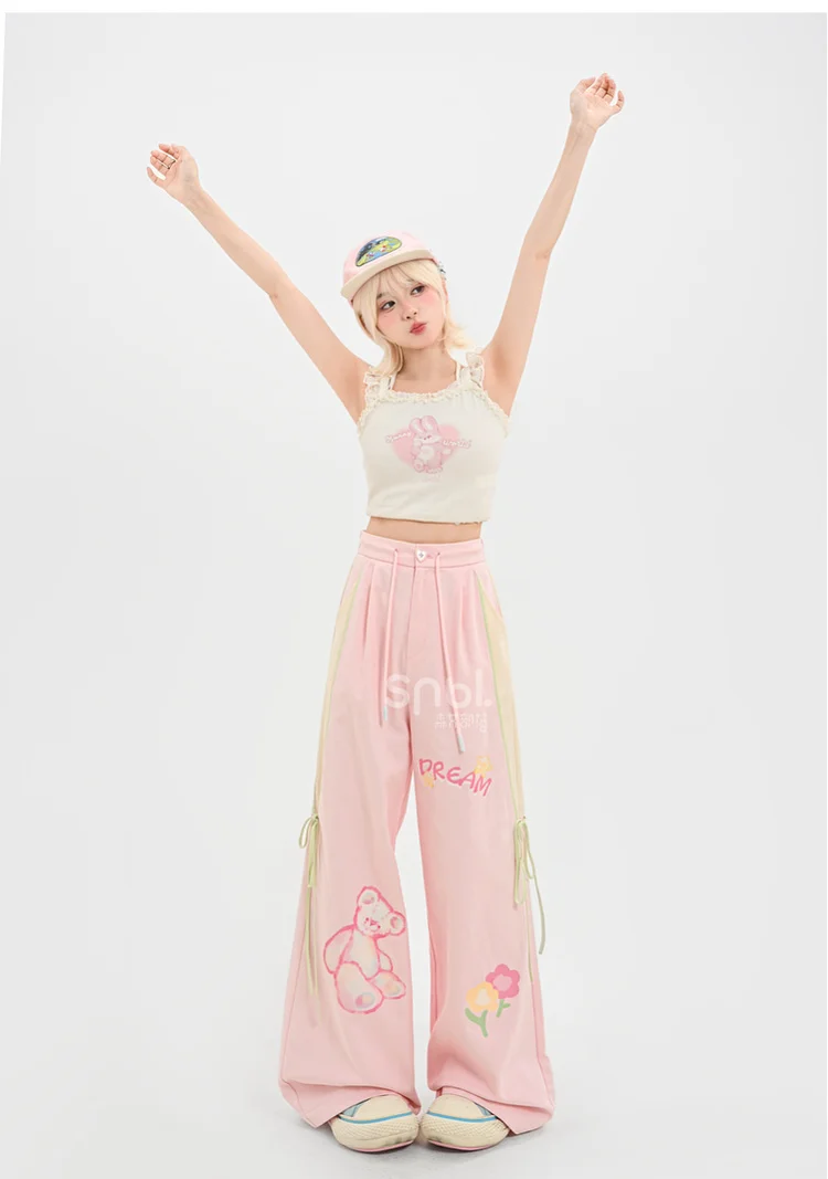 2025 Summer New Women's Sweet Style Pink Bear Print High Waist Slim Fit Versatile Casual Cotton Wide Leg Pants