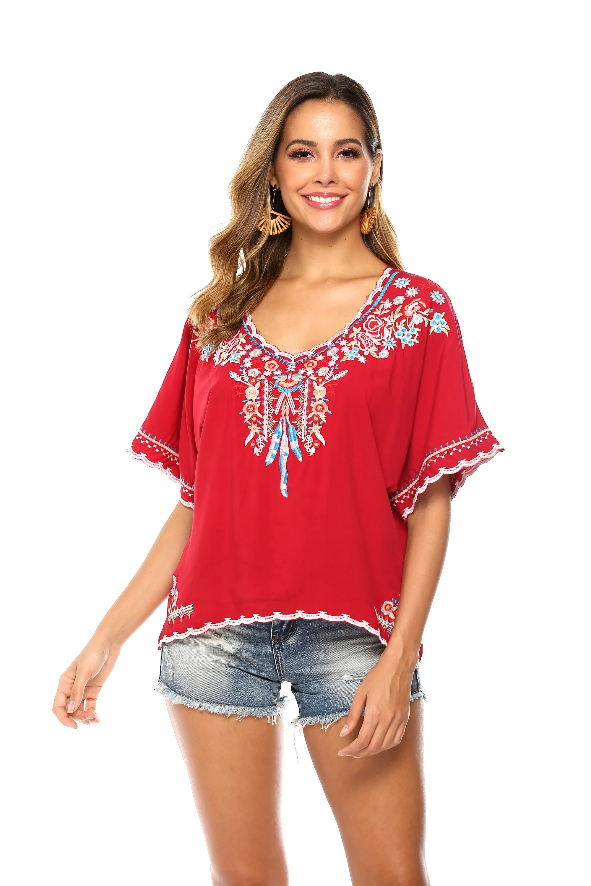 Eaeovni  Bohemian Floral Embroidered Tops For Women Mexican Style Shirts Womens V Neck Boho Summer Peasant Tunics Blouses