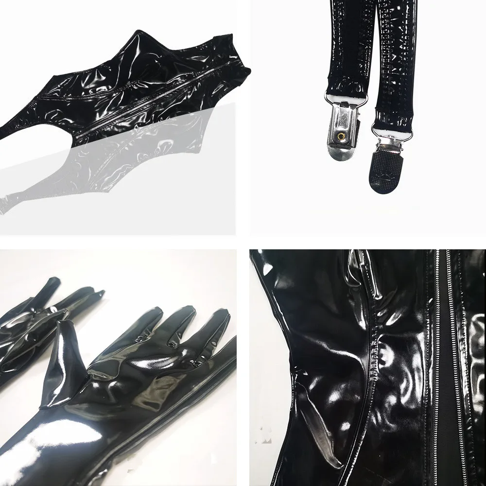 Cosplay Anime Maid Costume Leather Latex Catsuit Bodystocking Sexy Hot Erotic Roleplay Bodysuit Golves Stocking Outfits Clubwear