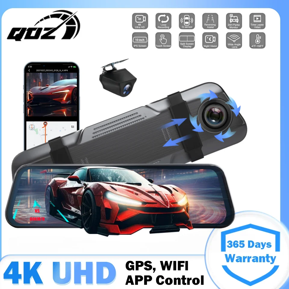 

QOZ 10-дюймовый 4K зеркальный видеорегистратор с поддержкой беспроводной WIFI GPS-навигации с двумя объективами видеорегистратор автомобильный видеорегистратор WDR ночного видения черный ящик