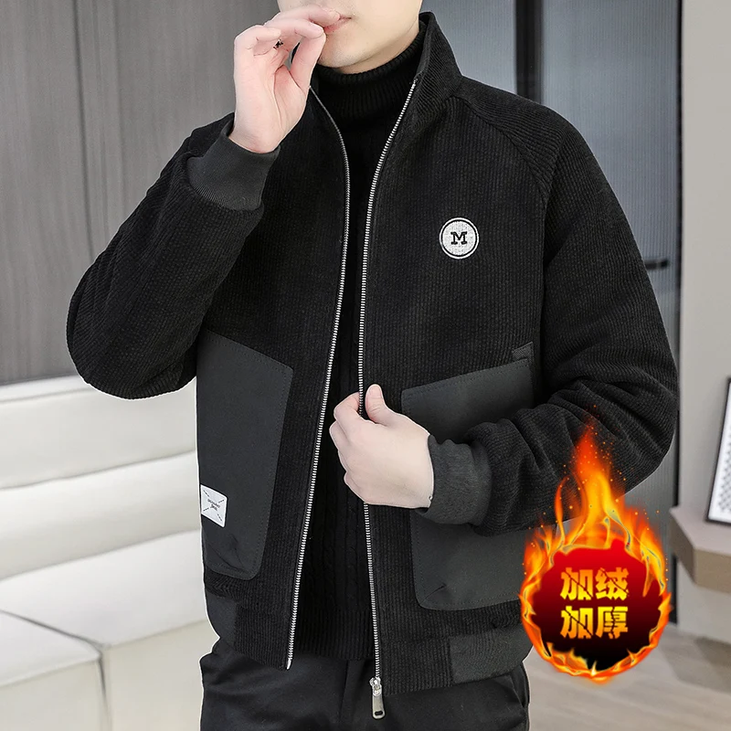 Korean Rabbit Fur Woolen Jackets Men Stand Collar Thickened Spliced Wool Blended Coats Versatile Casual Streetwear Overcoat 2024