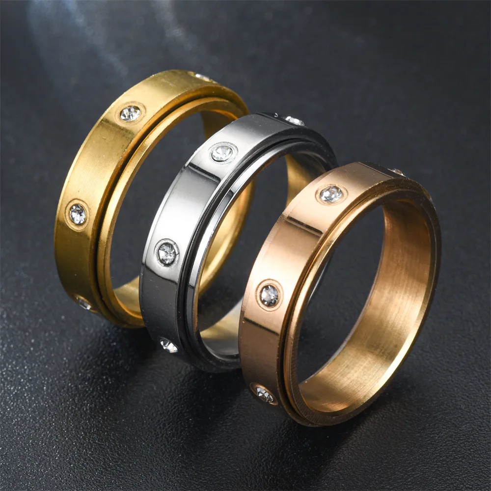 Crystal Anxiety Relief Spinning Ring For Couples Stainless Steel Rotate Freely Fidget Spinner Metal Rings Anillo Antiestres
