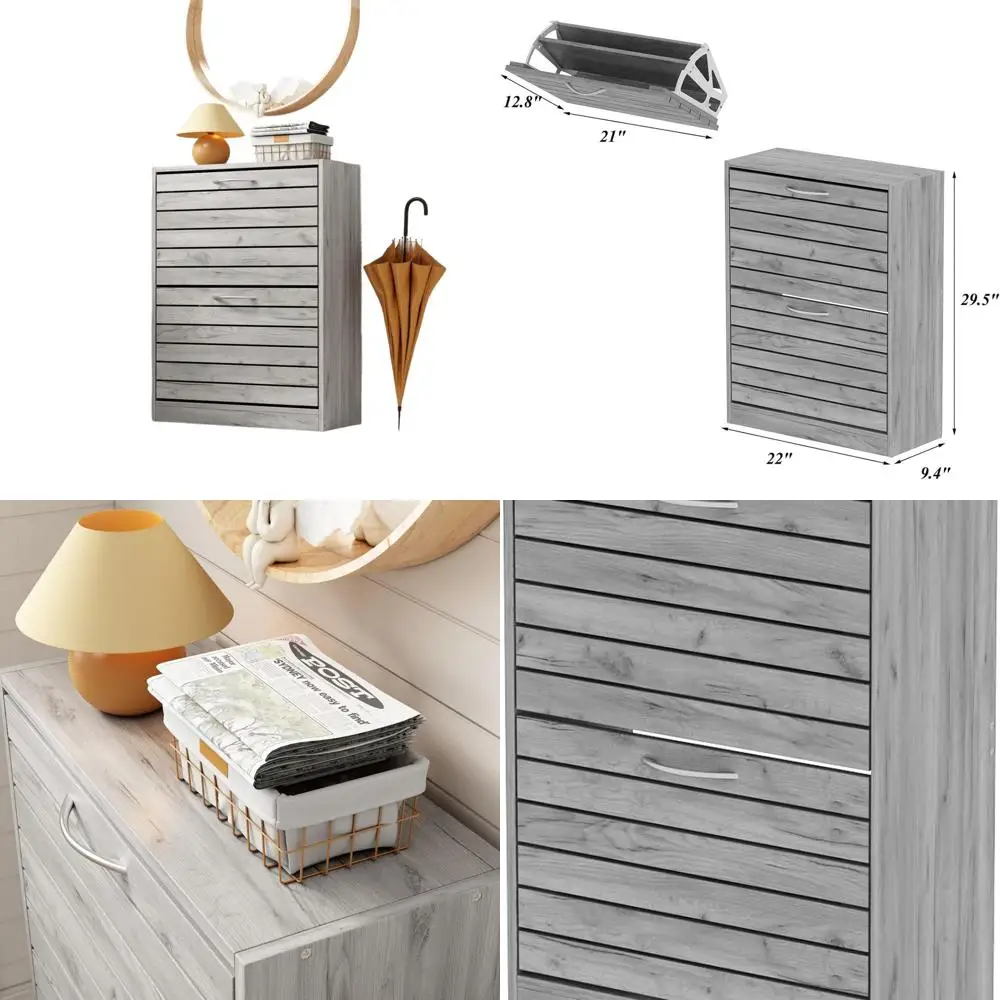 

Grey Wood-Grain Shoe Cabinet with 2 Adjustable Drawers and Louvered Design for Entryway Storage, 22.4W x 9.4D x 29.5H