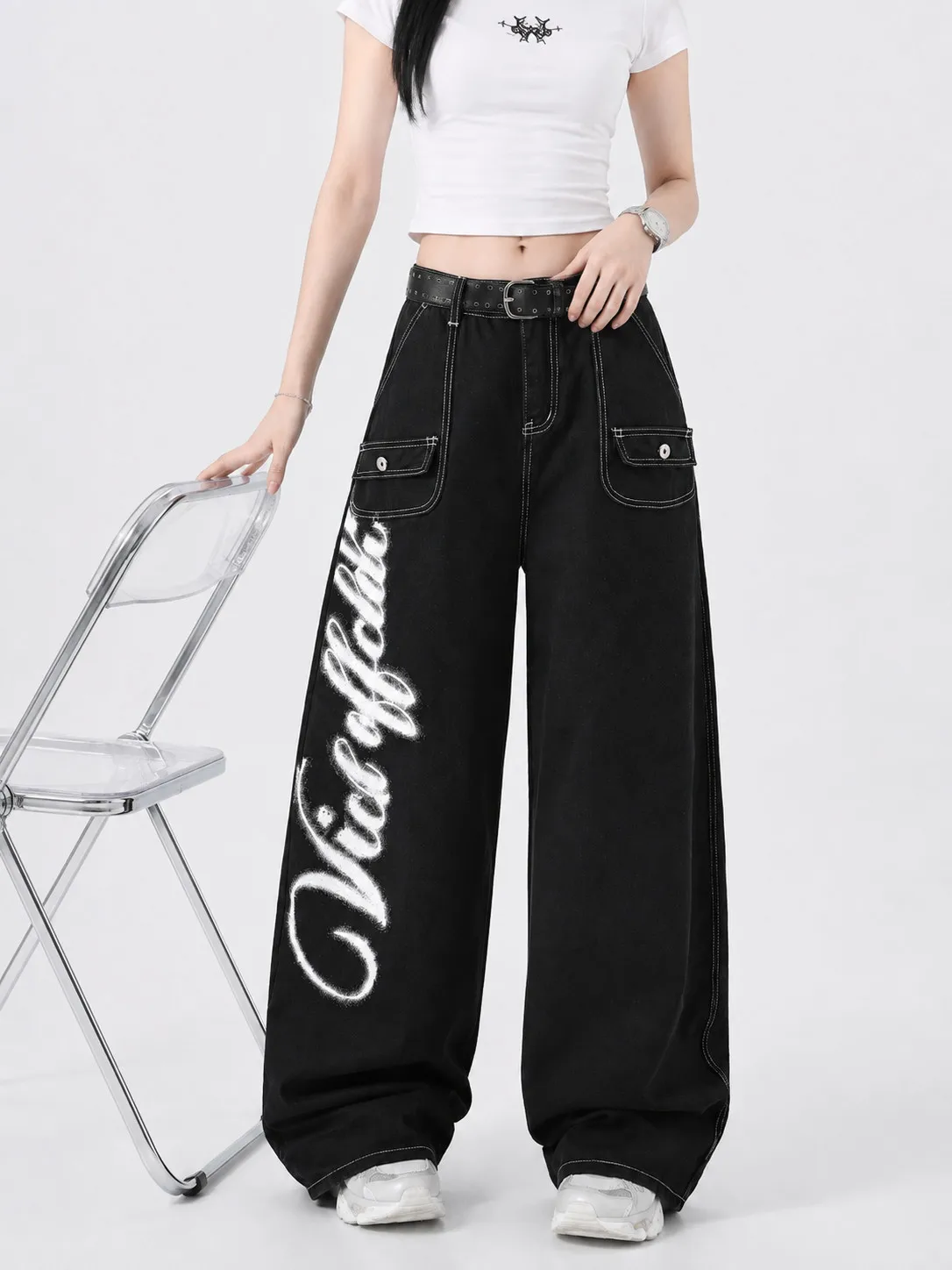 American Street Style Wide Leg Jeans Men Loose Straight Casual Fashion Print Men's Autumn Season High Waist Denim Pants