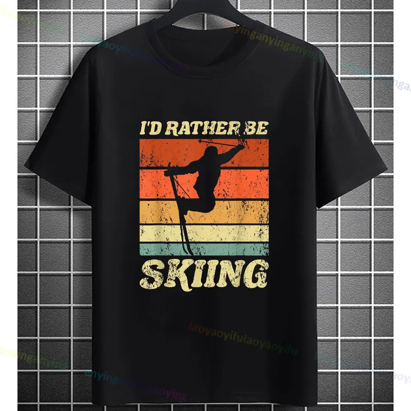 Retro Ski Vacation Winter Sports Skiers I'd Rather Be Skiing Graphic T-shirt Casual Short-sleev Round Neck Pure Cotton Tee