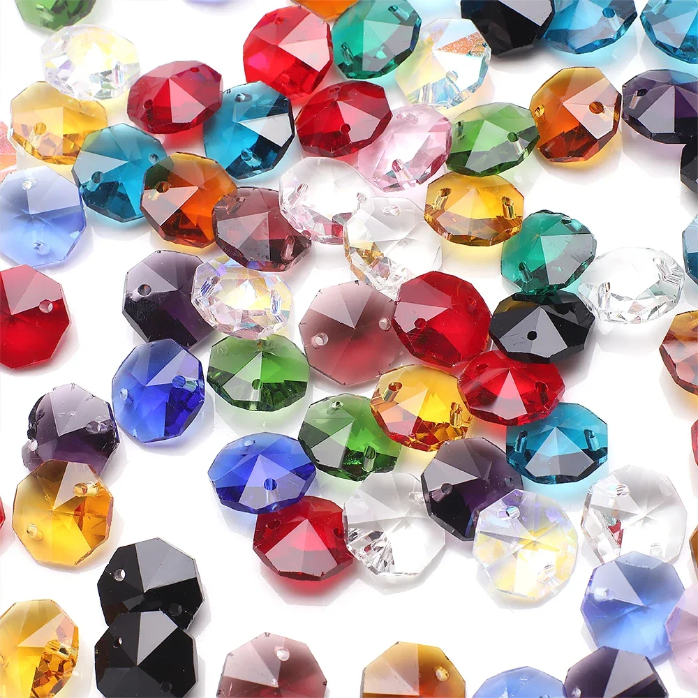 40Pcs 14mm Double Holes Facetd Glass Loose Spacer Octagon Beads DIY With Crystal Pendant For Chandeliers Suncatcher Making