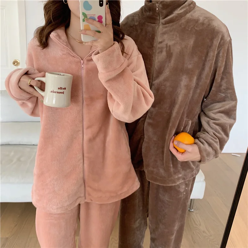 Couple Home Clothes Coral Velvet Pajamas Women Men Outwear Casual Top&pants 2Pcs Pyjamas Soft Nightwear Long Sleep Suit