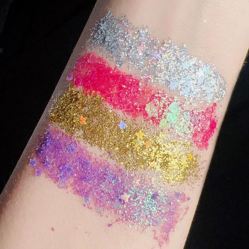 4 in 1 Sparkly Eyeshadow Glitter Gel Cream Shimmer Gold Silver Star Heart Sequin Face Body Palette Eye Makeup for Festival Daily
