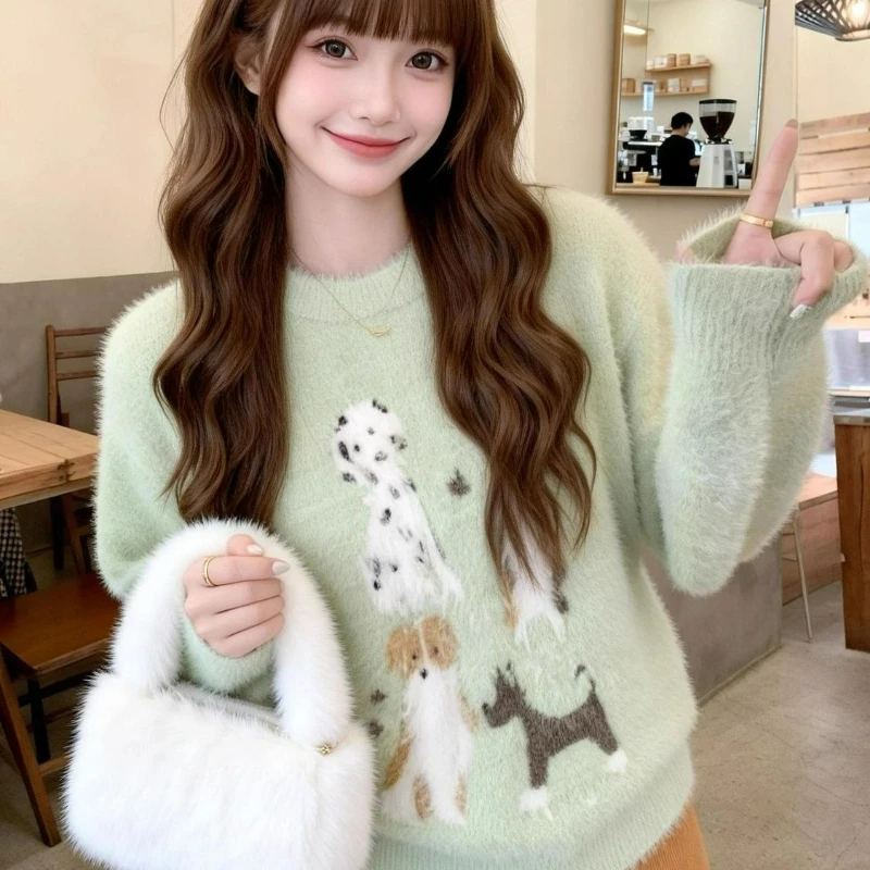 

Sweet Cute Imitation Mink Fur Printed Puppy Sweater for Women 2026 Winter New Fashion Korean-style Laid-back Loose Pullover Top