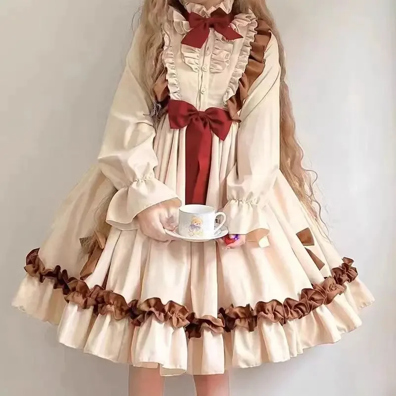 Vestido Retro de muñeca Lolita para mujer, bonito vestido esponjoso de corte a con lazo de manga larga para otoño e invierno, cintura adelgazante