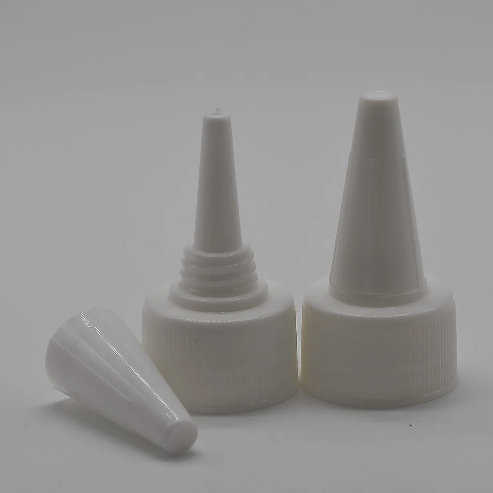 20pcs 24/410 흰색 플라스틱 병 뚜껑 긴 노즐 트위스트 오픈 디스펜스 캡 헤어 젤 접착제 Dropper 병 액세서리