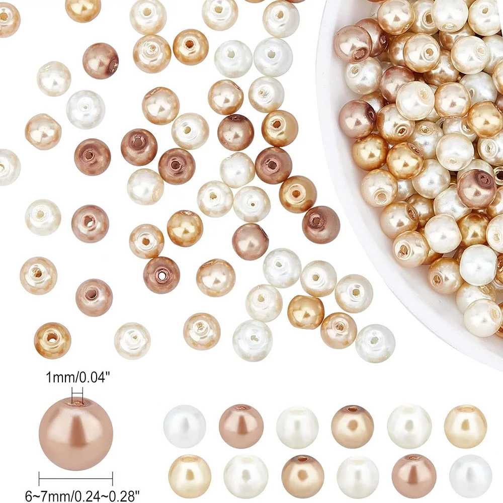 300Pcs Golden Yellow White Faux Pearl Decor Round Pearls 6Style Mix Beads Strands for Wedding Dress DIY Jewelry Making