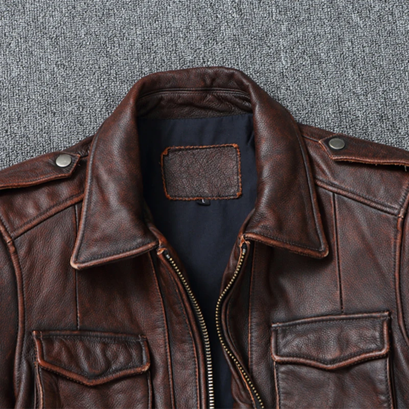 Genuine Leather Men\'s Retro Old-Fashioned Motorcycle Jacket Pure Head Layer Cowhide Slim-Fit lapel Coat Casual Trend