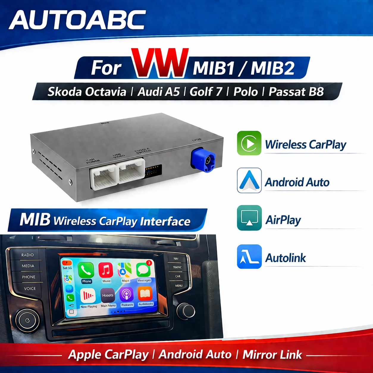 Wireless Carplay Decoder For VW Volkswagen Skoda Octavia A5 Golf 7 Polo Passat B8 MIB MIB2 System With Android Auto Mirror Link