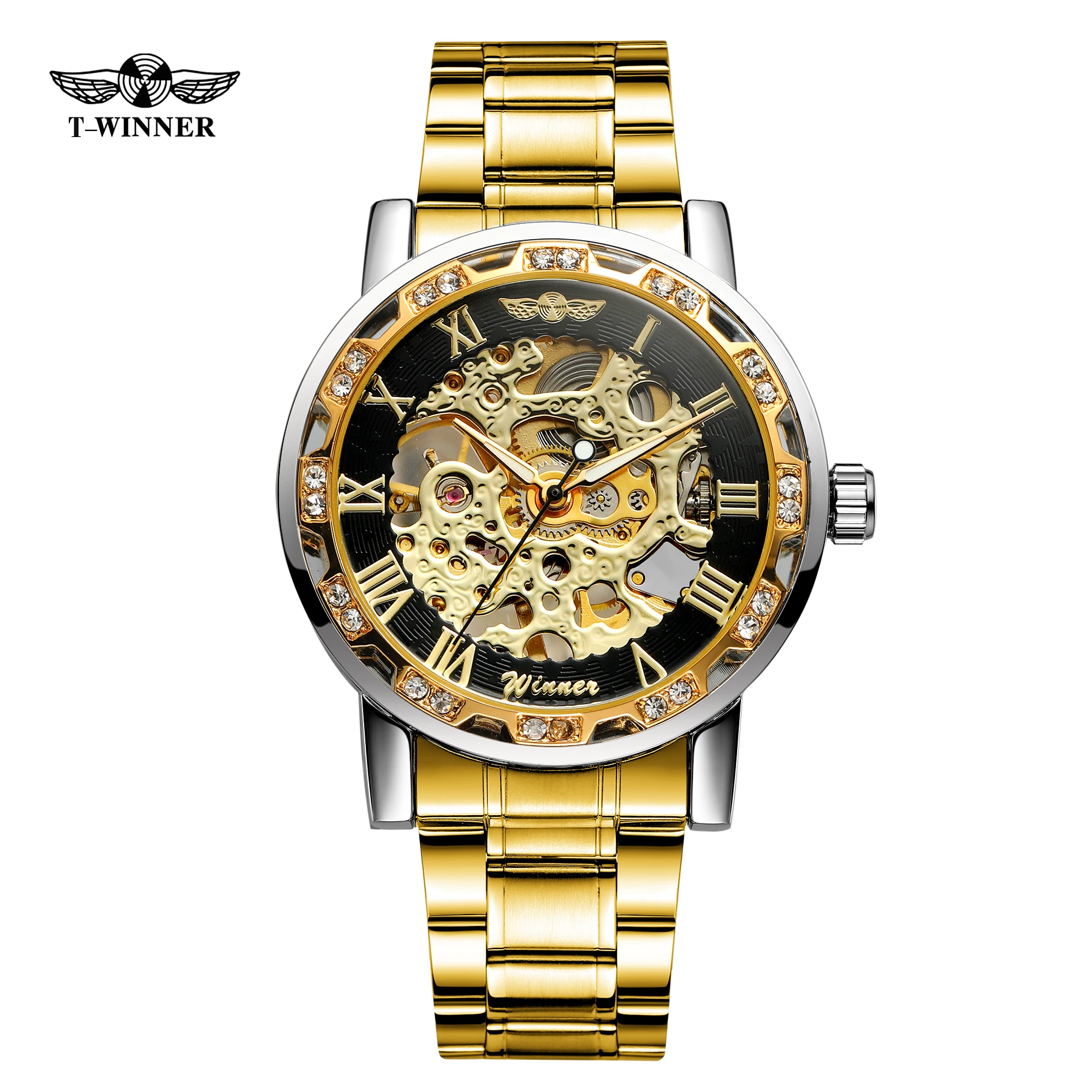T-WINNER Luxury Men's Watches Skeleton Mechanical Luminous Pointers Engraving Rhinestone Fashion Casual Golden Man Wristwatches