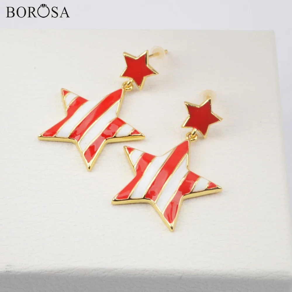 

BOROSA 5Pairs New Star Enamel Paint Dangle Earrings Cute for Girls Fashion Golden Plated Drop Earring for Women Jewelry Gifts