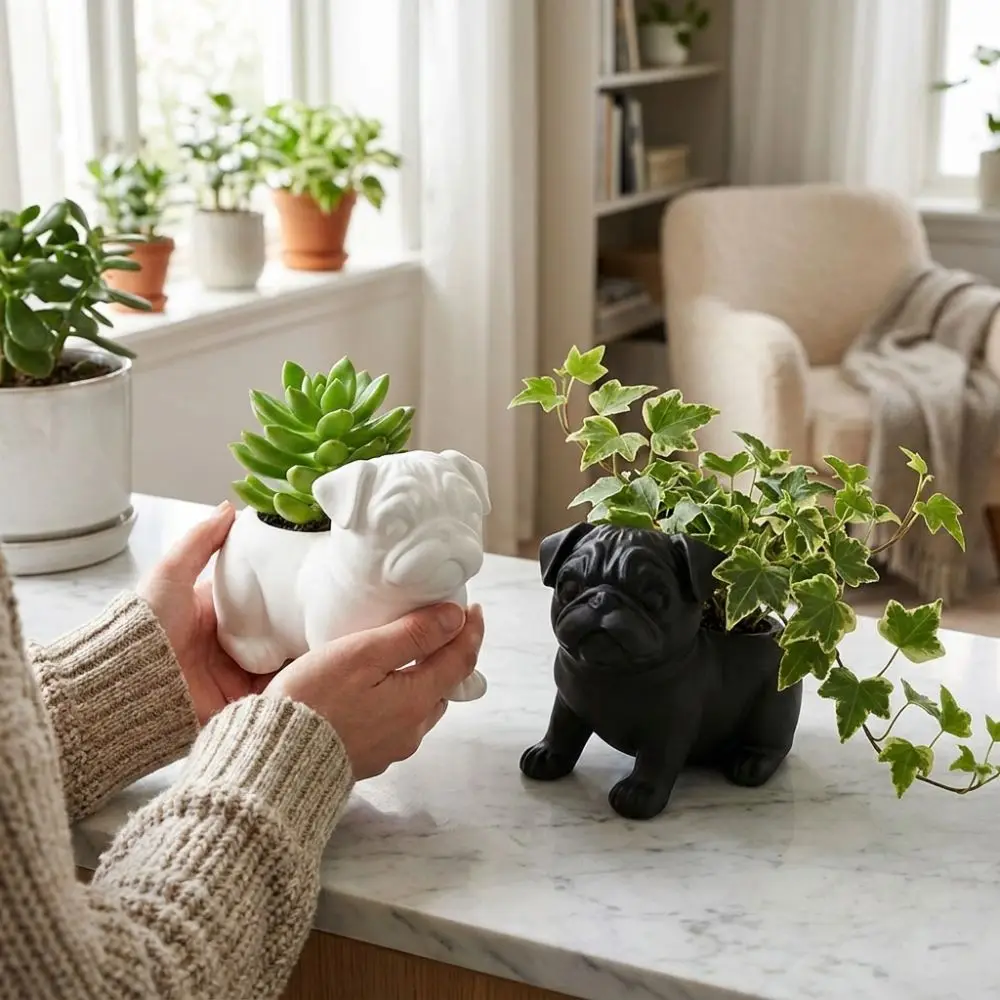 3D Printed Pug Shaped Planter Pot Funny Plastic Dog Succulent Planter Handmade Minimalist Storage Flower Pot Desktop Display