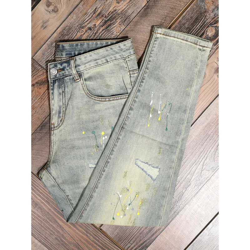 Vintage Blue Ink Splash Nine-point Jeans Men with Ripped Patches Trendy Cool Stretch Skinny Pants