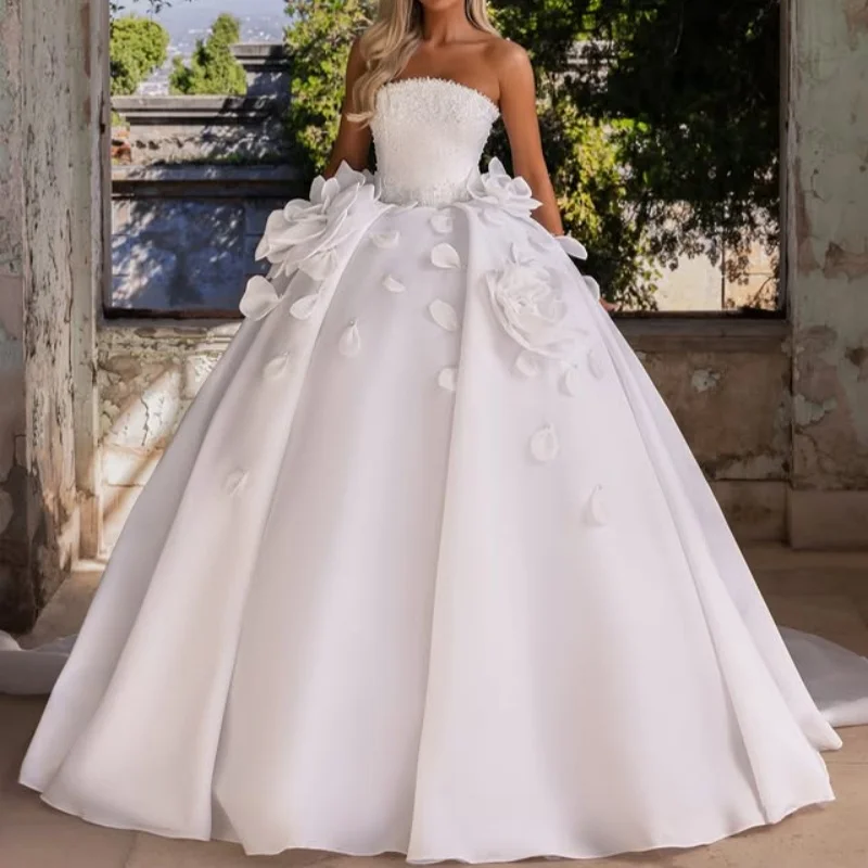 White Appliques Wedding Dresses off-shoulder A skirt crystal decal 3D flower Gowns Made multi-layer wedding dress Customized